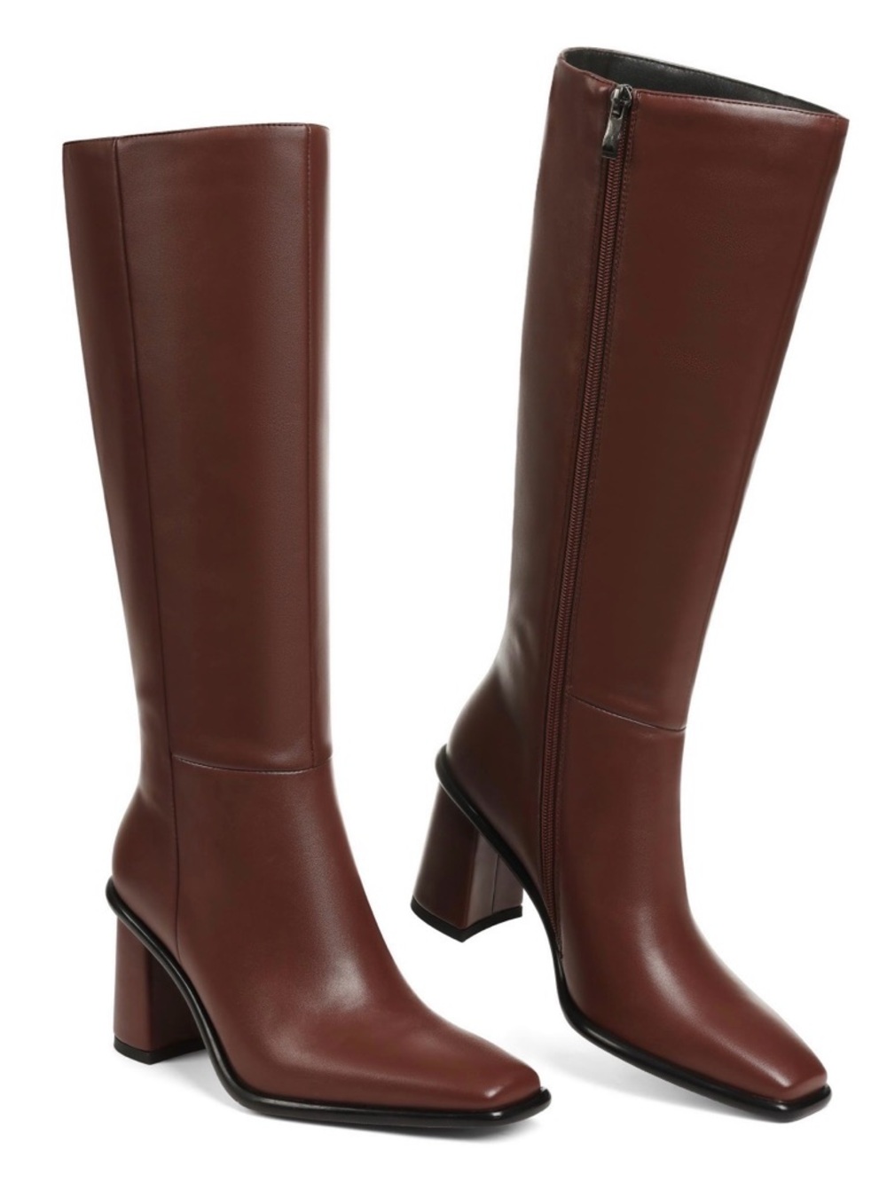 Women’s Tall Brown Leather Block Heel Knee Boots with Side Zip Closure